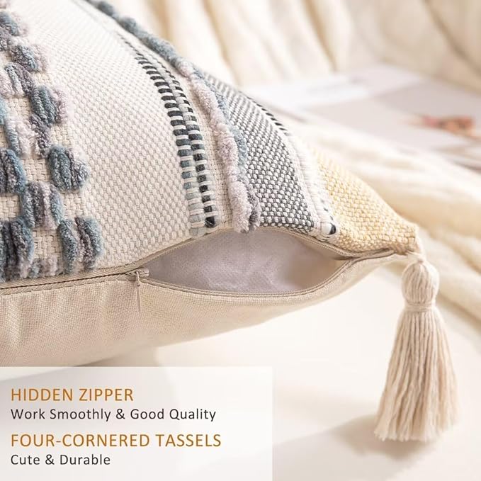 Boho Throw Pillow Covers 18x18 Set of 2 Woven Tufted Farmhouse Pillows Cover with Tassels Textured Striped Cushion Case Neutral Pillow Cases Decorative Pillowcase for Sofa Couch Bed,Grey