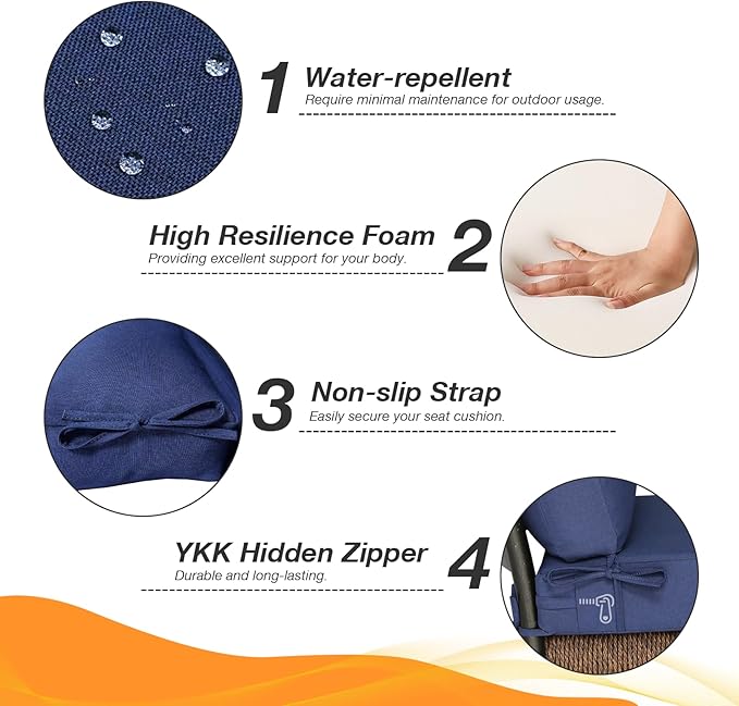 Outdoor High Back Chair Cushion Seat Pads, 44 x 21 Inch Water-Repellent & Fade-Resistant Patio Furniture Cushions with Ties for Adirondack, Rocking Chairs, Navy