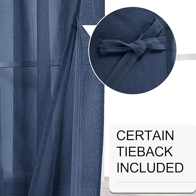 XWZO Sheer Curtains 84 Inches Long for Bedroom, Light Filtering Faux Linen Grommet Window Curtains for Living Room, Kids Room, Study with Tiebacks, Navy Blue, Set of 2 Panels, 52 x 84 Inches Long