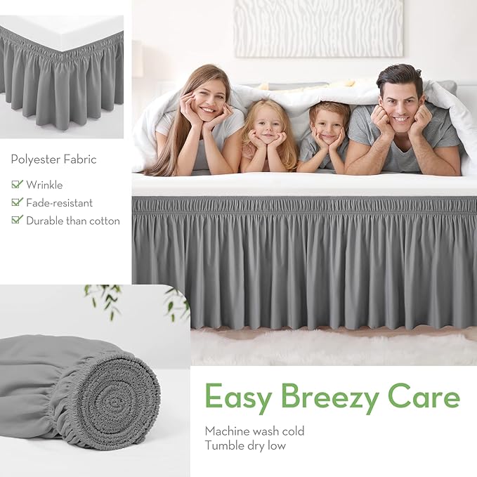 RIMELA Light Grey Bed Skirt Queen Size 21 Inch Drop, Elastic Bed Skirting for Bed Base and Frame, Bedding Dust Ruffle Easy to Install, Lightweight Wrap Around Adjustable Bedskirt