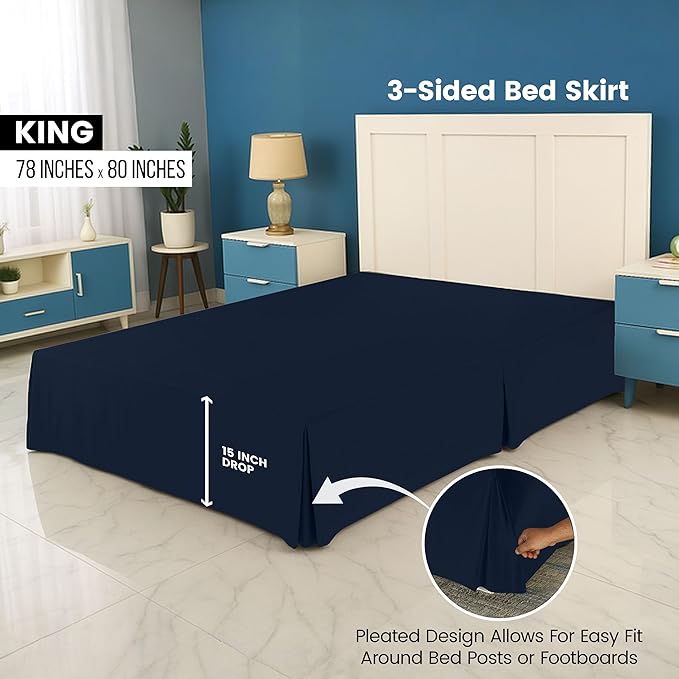 Utopia Bedding King Bed Skirt - Soft Quadruple Pleated Ruffle - Easy Fit with 16 Inch Tailored Drop - Hotel Quality, Shrinkage and Fade Resistant (King, Navy)