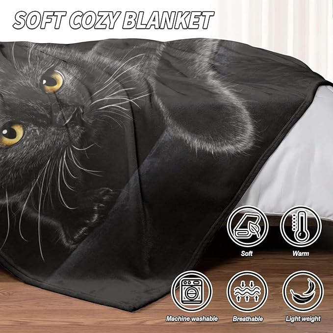 HommomH Black Cat Blanket for Women Girls, Cat Lover Gifts, Soft Fleece Throw Blankets for Sofa Couch Bed, Cozy Home Decor for Bedroom Living Room, 50" x 60"