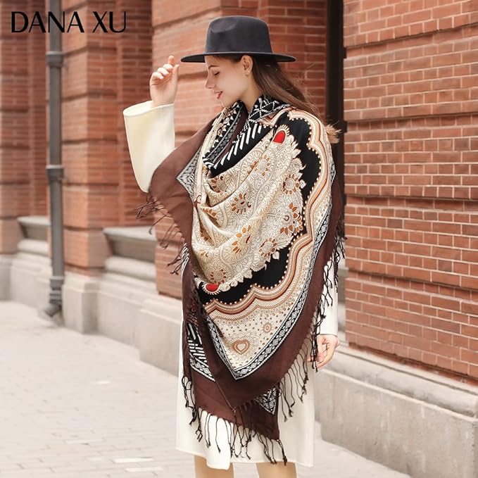 DANA XU 100% Merino Wool Pashmina Shawl for Women 96"x43", Oversized Cashmere Wrap with Tassels, Floral Travel Blanket Cape