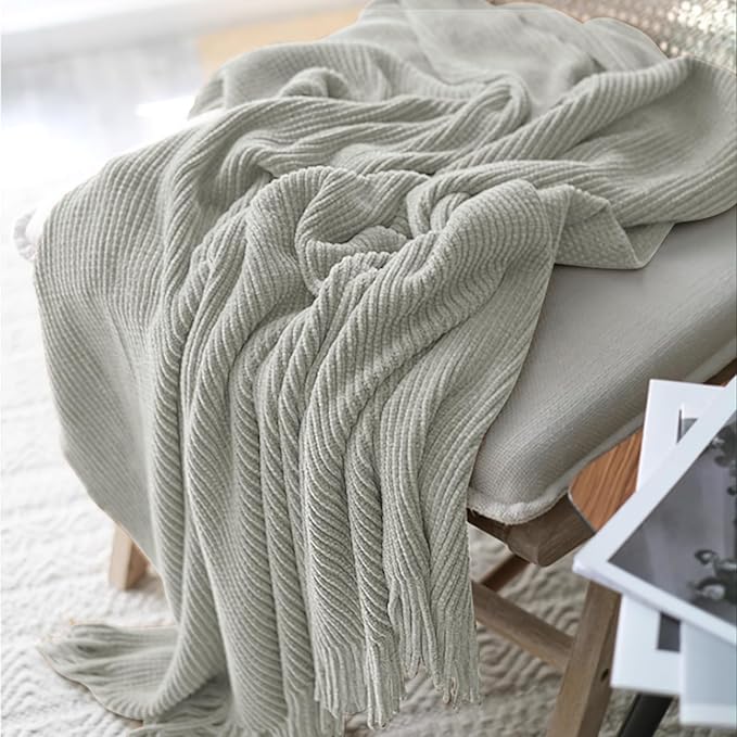 inhand Throw Blanket for Couch Bed,Chunky Chenille Woven Soft Blankets with Tassels,Cozy Boho Farmhouse Fall Winter Decor,Warm for Women,50"x60",Medium Thick-Light Grey
