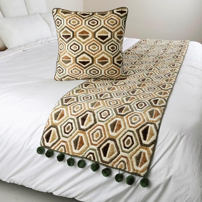 The HomeCentric Beige Bed Runner Without Pillow Cover, Twin Size 53"x18" Decorative Bed Runner, Beige Velvet Bed Scarf in Quilted - Hex Element