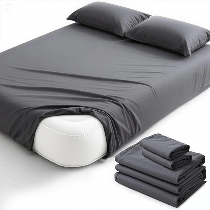 Degrees of Comfort Twin Sheet Set for Air Mattress – Extra Deep Pocket Fitted Sheet up to 22”, 4-Piece Bedding Sets with Dual Side Pockets, Soft & Wrinkle-Free, Breathable Fabric, Grey