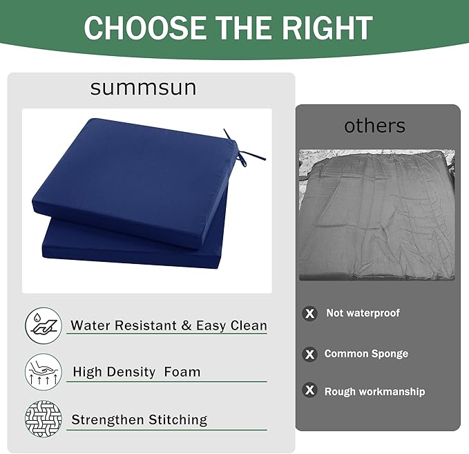Outdoor Chair Cushions Set of 2: Waterproof & Fade Resistant Deep Seat Cushion for Patio Furniture - 24 x 24 x 3 Inch Chair Pads with Ties and Hidden Zipper - Patio Chair Cushion Replacement, Navy