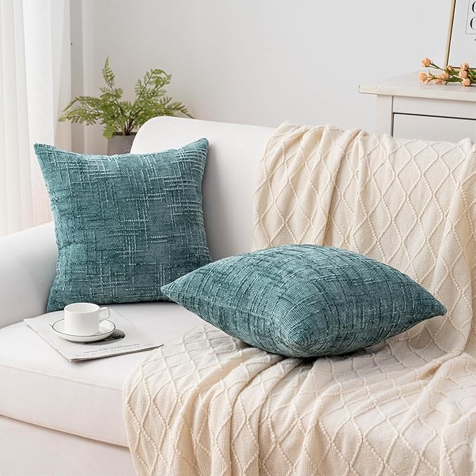 Decorative Throw Pillow Covers 16x16 Inch Set of 2, Soft Solid Farmhouse Chenille Couch Pillows, Spring Pillow Covers for Couch Sofa Bed Living Room Home Decor Pillowcase, Teal