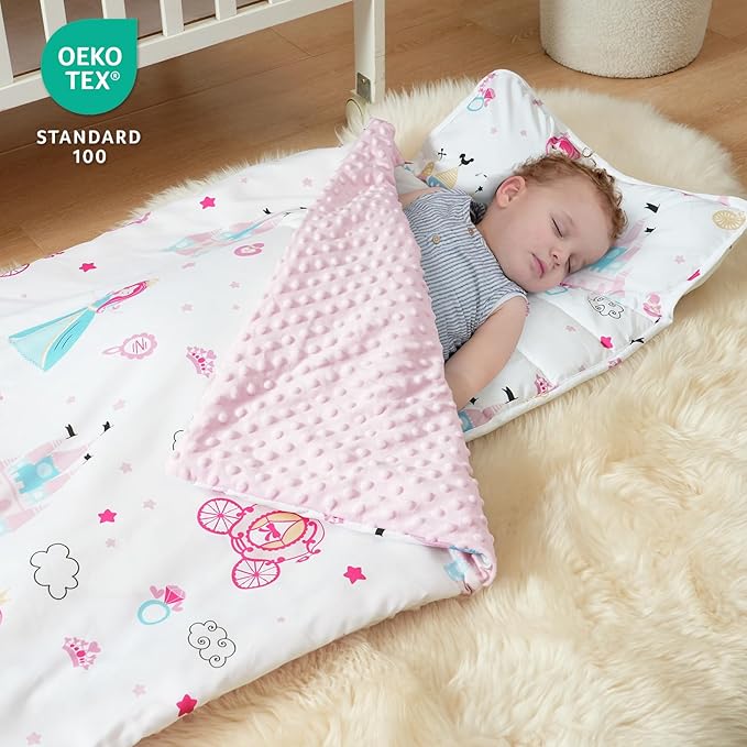 david's kids Toddler Nap Mat with Removable Pillow and Minky Fleece Blanket, Ultra Soft Slumber Bags for Girls, Perfect for Preschool, Daycare, Kids Sleeping Bags with Rollup Design, 50"x20", Princess