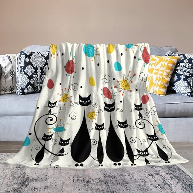 Mid Century Modern Throw Blanket, Atomic Black Cat Starbursts Iconic Sputnik Retro Abstract Geometric 1950s 1960s Throw for Adults Kids Pet, Beige Black 60"x80"