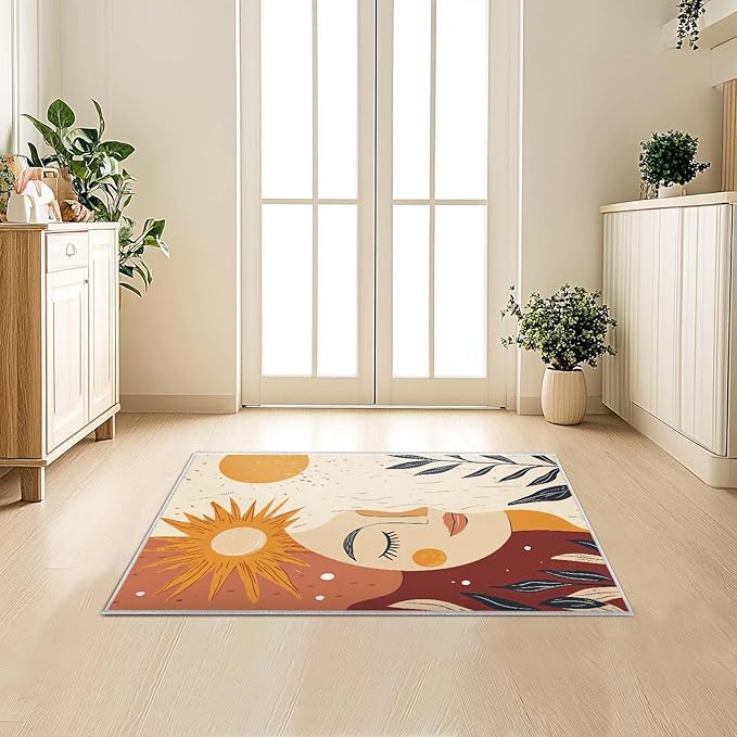 2x3 Sun and Moon Entryway Area Rug Beige Yellow Bathroom Rug Non Slip Machine Washable Low Pile Small Carpet Kitchen Bedroom Door Mat Entrance