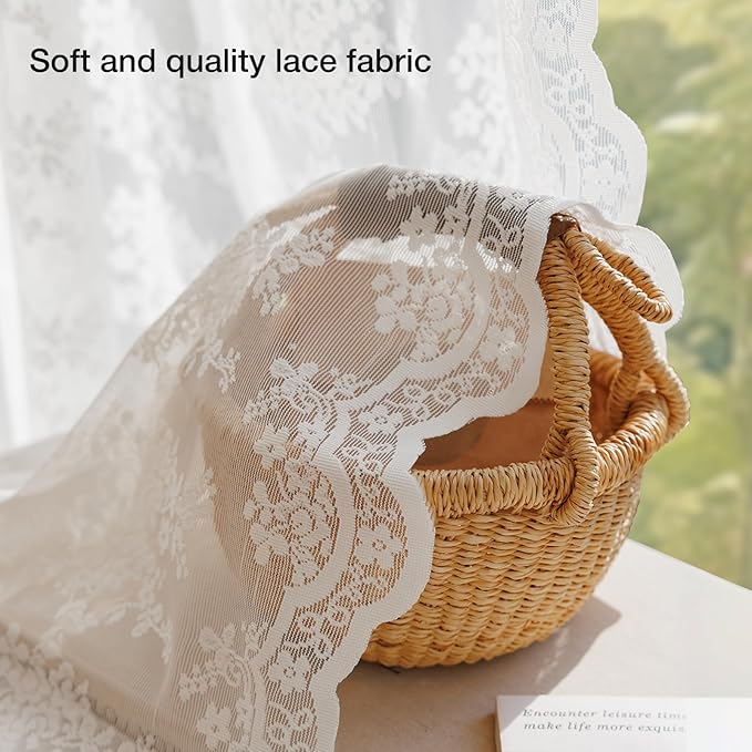 Anmao Vintage White Lace Curtains 96 Inches Long 2 Panels Set, Romantic Elegant Light Filtering Semi Sheer Floral Thick Lacy Curtain Drapes for Living Room and Bedroom, Each Panel 55W x 96L, Off White