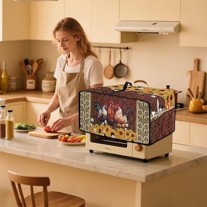 Microwave Oven Cover Waterproof Heavy Duty Microwave Oven Dust Cover with Storage Pockets Reusable Decor Accessories for Kitchen, Vintage Rooster Chicken Sunflower Daisy Floral Print, S