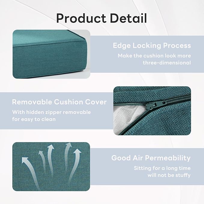 6" Thicker Outdoor Chair Cushion 10 Set - 24" *24" *6" Waterproof Patio Furniture Cushions with Removable Cover, 28D High Density Sponge Filling Thicken Outdoor Patio Cushions - Peacock Blue