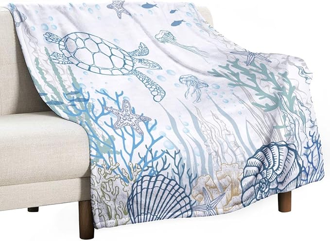 Nautical Turtle Throw Blanket, Coastal Sea Ocean Theme Coral Starfish Seashell Jellyfish Undersea Life Fleece Blanket for Summer Home Bed Sofa Couch Chair, 30"x40"