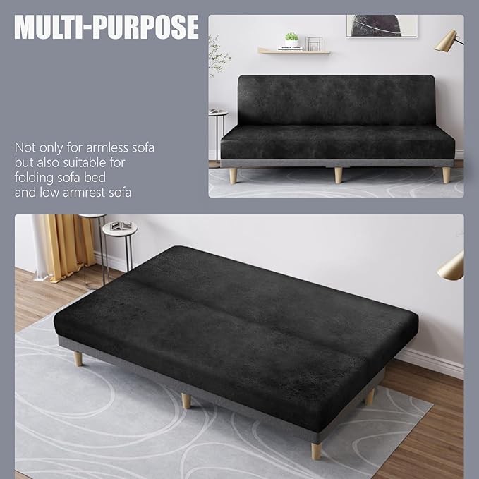 molasofa Leather Like Stretch Futon Slipcover Armless Futon Bed Sofa Cover Furniture Protector with Elastic Bottom, Soft and Washable Futon Cover for Sofa Bed Stay in Place（Larger，Dark Grey）