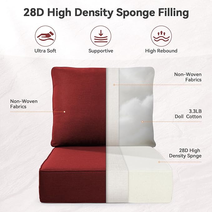 Luxury 6" Outdoor Cushions for Patio Furniture, 24x24x6 Thick Seat Cushion Set, Fade Resistant Couch Chair Replacement Cushions High Density Deep Wicker Chair Cushion with Removable Cover, Red