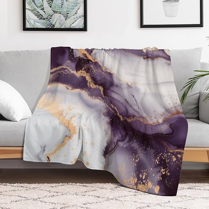 Modern Marble Blanket, Abstract Luxury Baroque Golden Purple White Stone Veins Pattern Soft Warm Cozy Plush Flannel Covers for Livingroom Bedroom Couch Chair Camping Travel Home Decor Tapestry 50x60in
