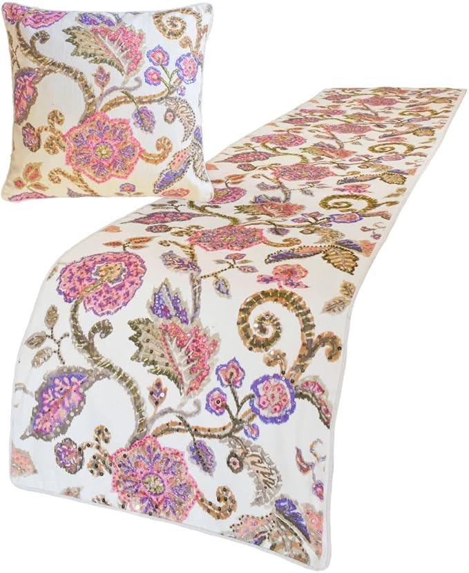 The HomeCentric King/Queen/Twin White & Pink Designer CA King 86"x18" Bed Runner with 2 Pillow Cover, Floral, Printed, Sequins, Beaded, Embroidery & Handmade Bed Scarf on Cotton Fabric - Aster