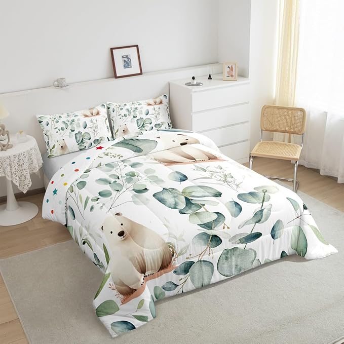 Erosebridal Boys Cartoon Animal Queen Comforter Set for Kids Toddler Kawaii Polar Bear Bedding Set Queen, Arctic Wildlife Bedding Comforter Sets White Green Duvet Set, Eucalyptus Quilted Comforter