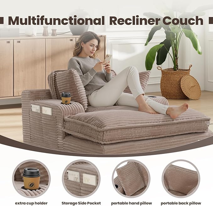 67" Chaise Lounge Chair Indoor, Cozy Oversized Fluffy Sofa with Cup Holders & Throw Pillows, Boneless Sleeper Cloud Couch for Living Room, Movie Room and Apartments, Camel