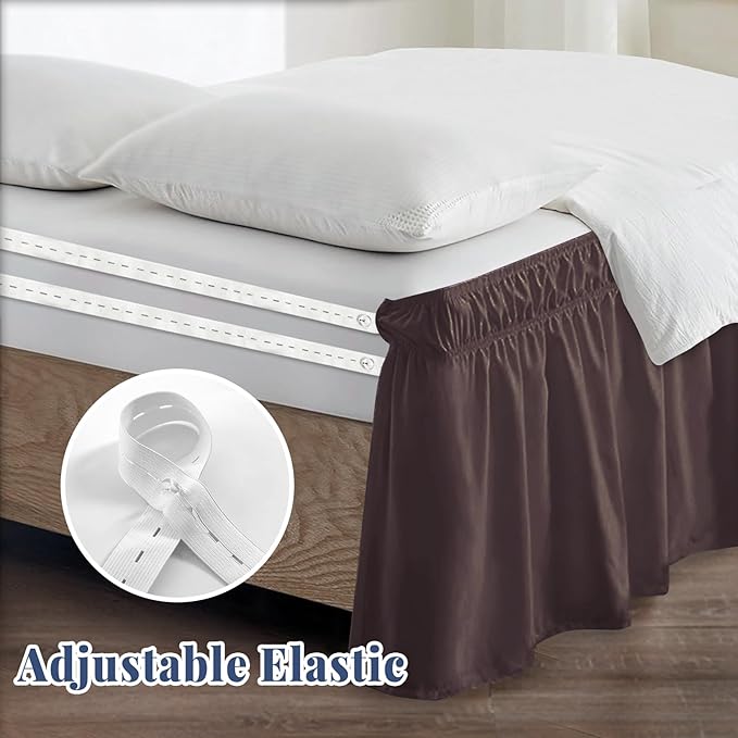 King Bed Skirt, Elastic Wrap Around Bed Skirt King Size, Bed Skirts for Adjustable Bed, Easy Fit with 18" Drop Length Tailored Drop Dust Ruffle (Brwon)