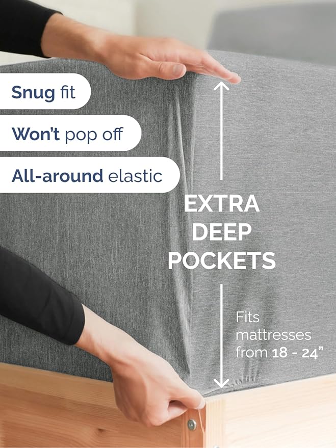 Extra Deep Twin XL Fitted Sheet - Hotel Luxury Single Fitted Sheet Only - Easily Fits 18 inch to 24 inch Mattress - Ultra Soft, Wrinkle Free w/Extra Deep Pockets - Breathable & Comfy - Heathered Grey