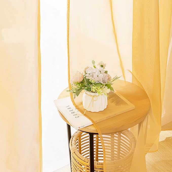 MIULEE 2 Panels Solid Color Sheer Window Curtains Elegant Window Voile Fall Panels/Drapes/Treatment for Bedroom Living Room (54X63 Inches Gold)
