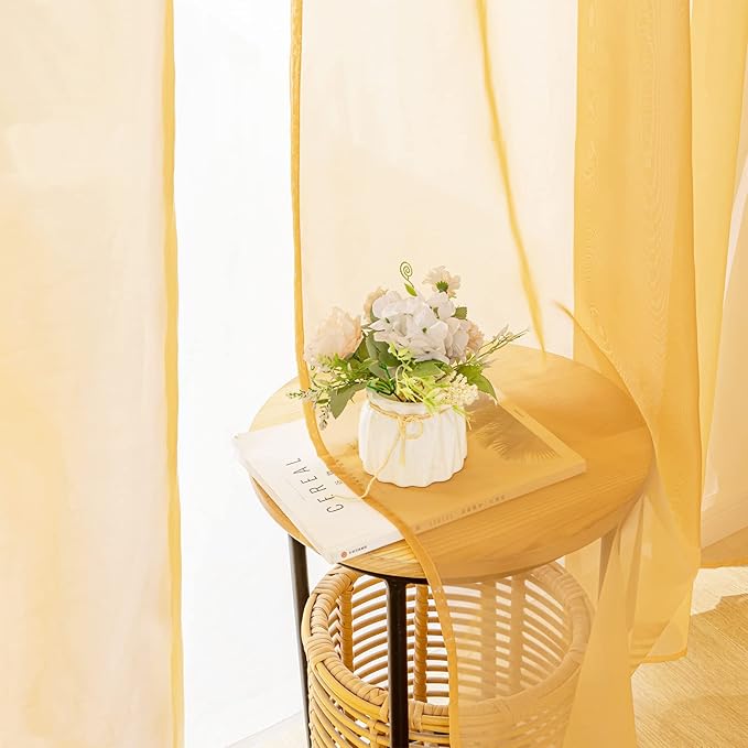 MIULEE 2 Panels Solid Color Sheer Window Curtains Elegant Window Voile Fall Panels/Drapes/Treatment for Bedroom Living Room (54X108 Inches Gold)