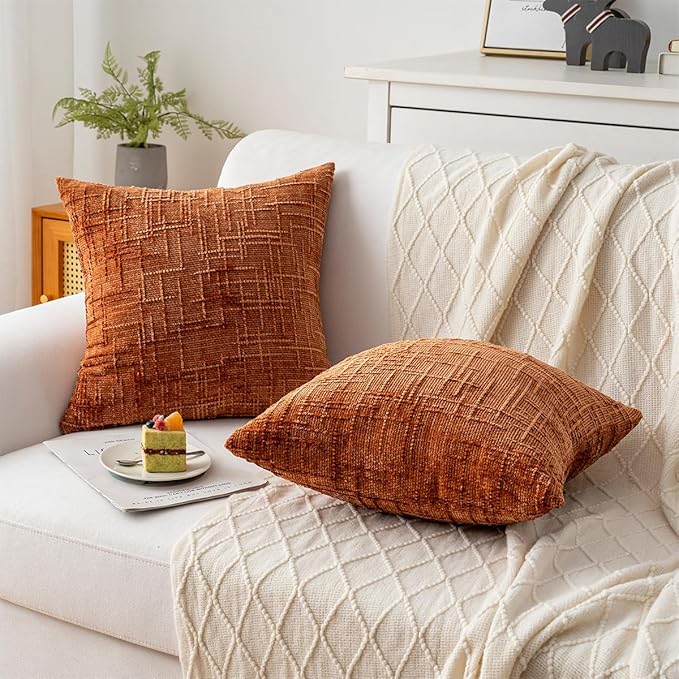 Decorative Throw Pillow Covers 22x22 Inch Set of 2, Soft Solid Farmhouse Chenille Couch Pillows, Spring Pillow Covers for Couch Sofa Bed Living Room Home Decor Pillowcase, Rust
