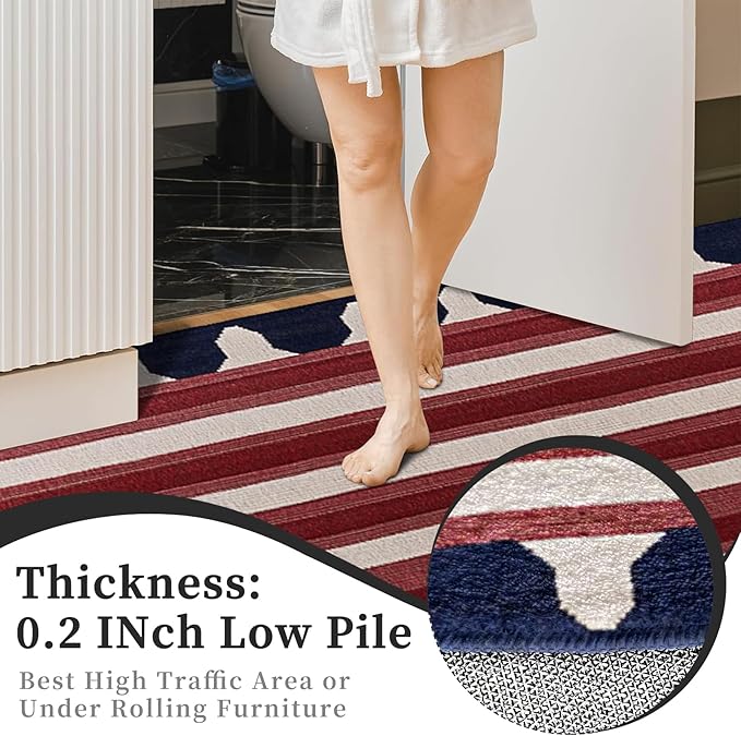 9CH Red White Stripes Area Rug 7' X 5' Navy Blue Modern Geometric Lines Faux Wool Rugs Soft Non-Slip Vintage American Flag Carpet for Bedroom Dining Room Office