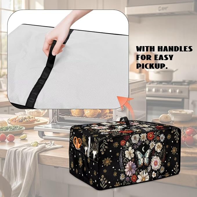 Waterproof Microwave Oven Cover Polyester-Linen Dust Cover for Microwave Oven Foldable Kitchen Machine Covers with Storage Pockets, Butterfly Daisy Floral Plant Moon Print, S