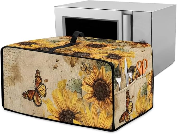 Microwave Oven Dust Cover Dust-Proof Sturdy Microwave Oven Cloth Cover Waterproof Kitchen Appliance Protector Suitable for Most Microwave Ovens, Vintage Sunflower Butterfly Letter Print, M
