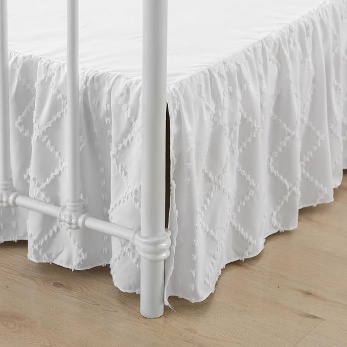 Bed Skirt Full Size Ruffled Bed Skirt with Split Corners, 14 Inch Drop Dust Ruffle Bed Skirts with Platform, Boho Tufted Shabby Chic Full Size Bed Skirts, White