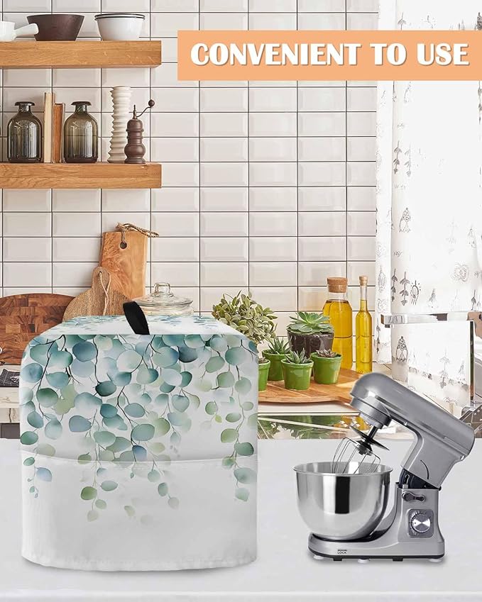 Eucalyptus Leaves Stand Mixer Dust Cover with Storage Pocket & Handles, Fits All Tilt Head & Bowl Lift Spring Botanical Vines Kitchen Appliance Cover Organizer Watercolor Bag Accessories, 4.5-5 Quart