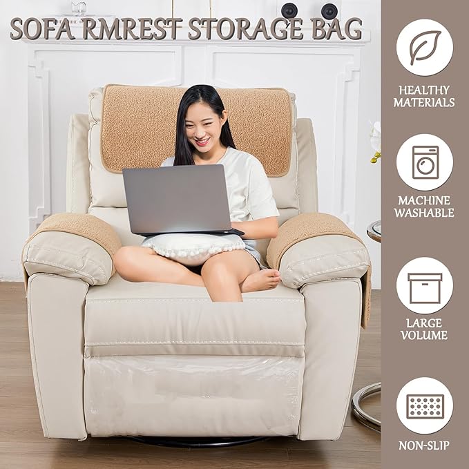 Armrest Cover, Recliner Chair Protector, Furniture Protector Slip, Side Storage Pocket, Stretch Armchair Couch Arm Rest Cover for Recliner, Chair, Sofa (Camel,3 Seater(5pcs))