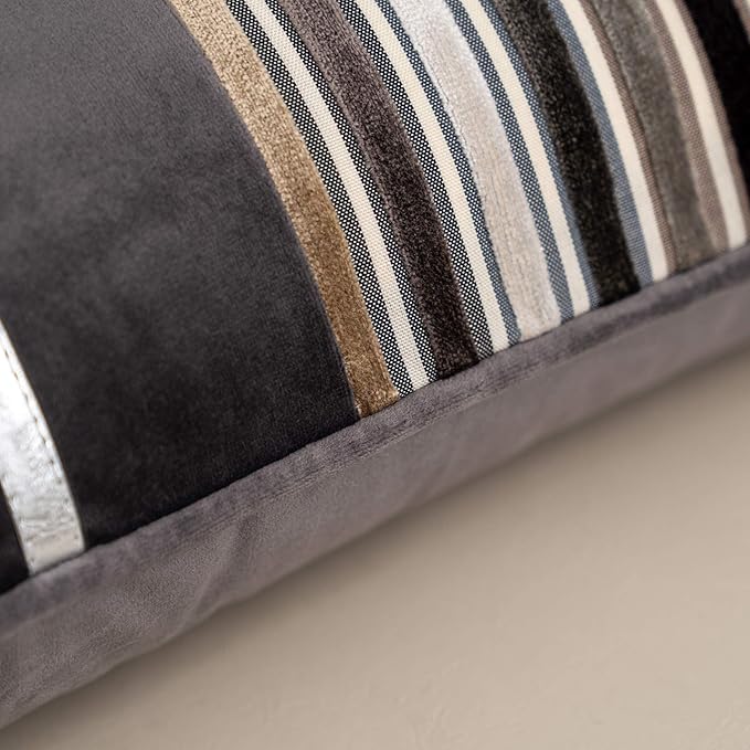 Yangest Grey Striped Patchwork Throw Pillow Cover Gold Leather Cushion Cover Zippered Rectangular Pillowcase for Sofa Couch Bedroom Living Room Home Decoration, 12x20 Inch