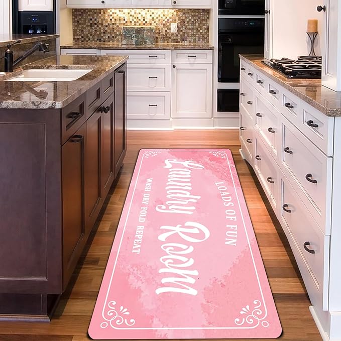 Laundry Room Rug Non Slip Floor mats Farmhouse Large Laundry Rugs for Pink Laundry Runner Room Mat Washer and Dryer Carpet Laundry Room Decor 24x72inch(Pink)