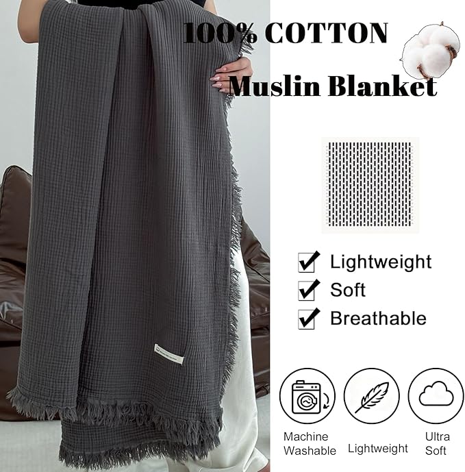 MorroMorn 100% Cotton Muslin Throw Blanket with Fringes 50"x60", 4-Layer Cotton Gauze Blankets for Adults, Boho Bedding Breathable Lightweight Ultra-Soft for Couch Bed Sofa All Seasons, Dark Grey