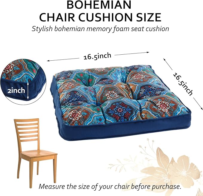 Bohemian Square Seat Cushions for Kitchen Dining Living Tea Room,16.5" x 16.5" Printing Velvet Chair Pads with Non-Slip Ties, 2Packs, Blue