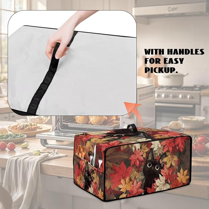 Cat Maple Leaf Print Toaster Oven Dust Cover with Storage Pockets Autumn Decor Dust-Proof Kitchen Appliance Protector for Small Appliances Convection Ovens Fall Decor, S