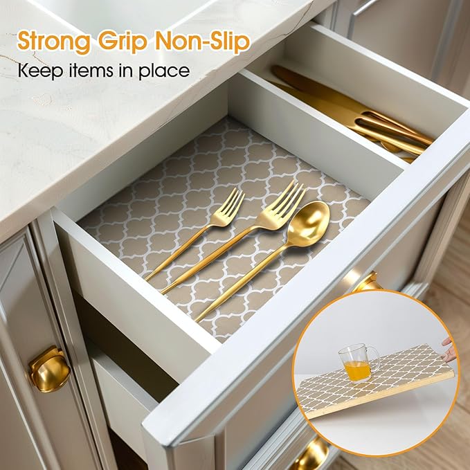 Shelf and Drawer Liner for Kitchen Cabinets Non-Adhesive, Strong Grip Non-Slip Thickened Cabinet Liners for Shelves, Waterproof Mats for Dresser Cupboard, Beige, 17 in x 10 Feet