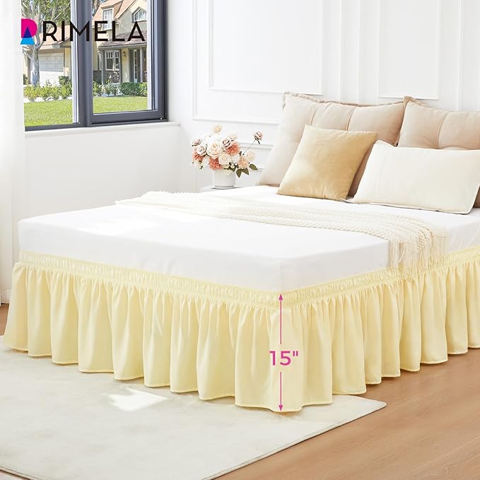 RIMELA Bed Skirt Queen Size 14 Inch Drop, Wrap Around Elastic Bedskirt Solid Microfiber Luxury Hotel Quality Fabric, Easy to Install Machine Washable Wrinkle & Fade Resistant, Light Yellow