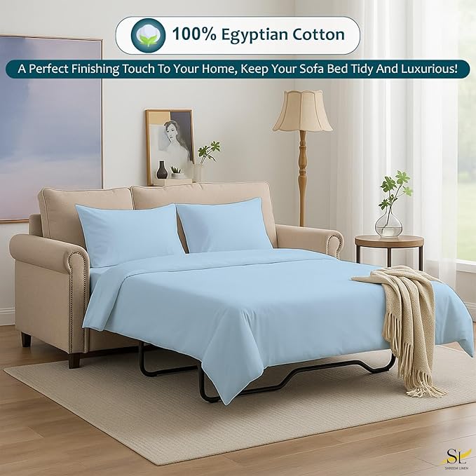 Luxury Queen Sleeper Sofa Bed Sheet Set,100% Egyptian Cotton, 338 Thread Count, Queen Size (60 x74 +6 Inch Deep Pocket) Soft and Light Weight 4pcs Sofa Set (Light Blue Solid)
