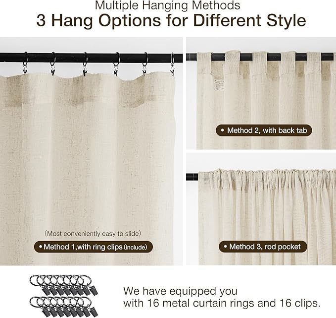 Anmao Natural Linen Curtains for Living Room 63 Inch Length 2 Panels Set, Light Filtering Semi Sheer Window Curtain Drapes for Bedroom with Curtain Rings and Clips, 52 Inch Wide Each Panel, Ecru