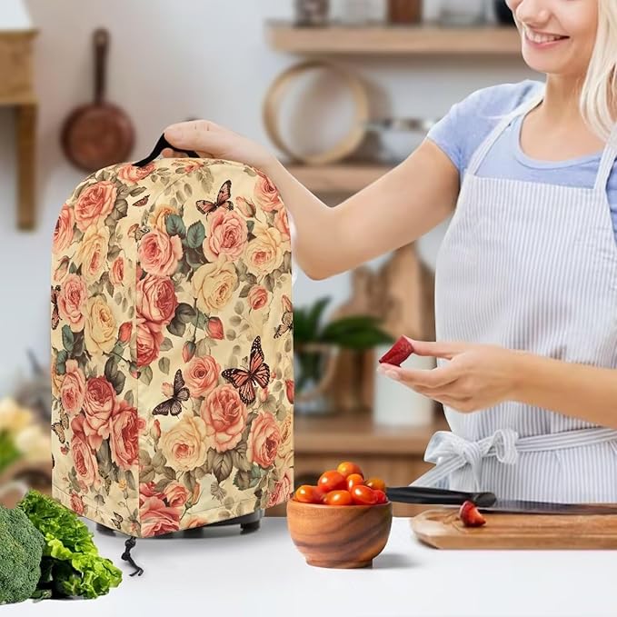 Vintage Roses Butterfly Blender Dust Cover Stand Mixer or Coffee Maker Appliance Covers, Anti Fingerprint Polyester Dust Proof Stain Resistant Blender Cover for Home Kitchen