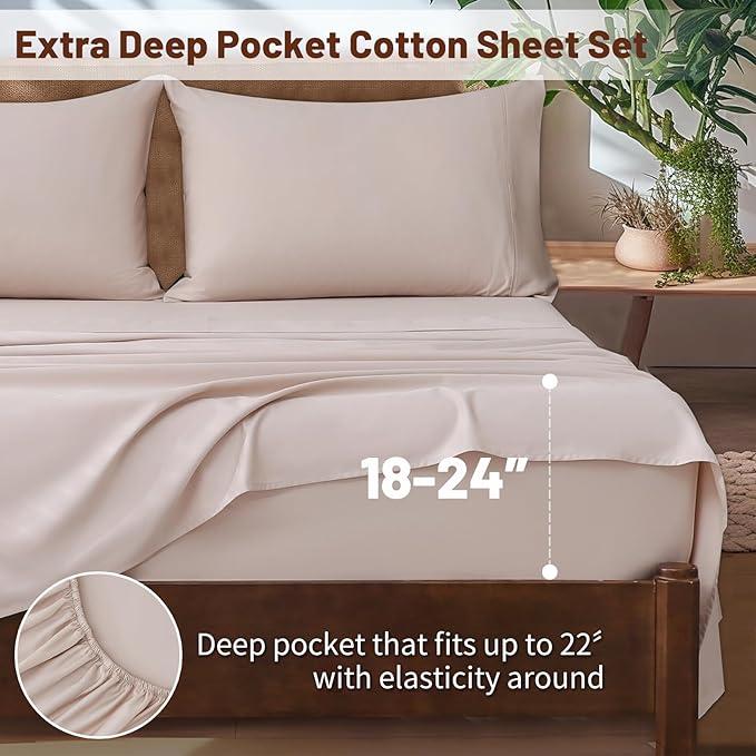 Extra Deep Pocket King Sheets 18-24 Inch 100% Egyptian Cotton 1000 Thread Count Sateen Weave Soft Breathable 4 Pieces（King，Dusty Pink）