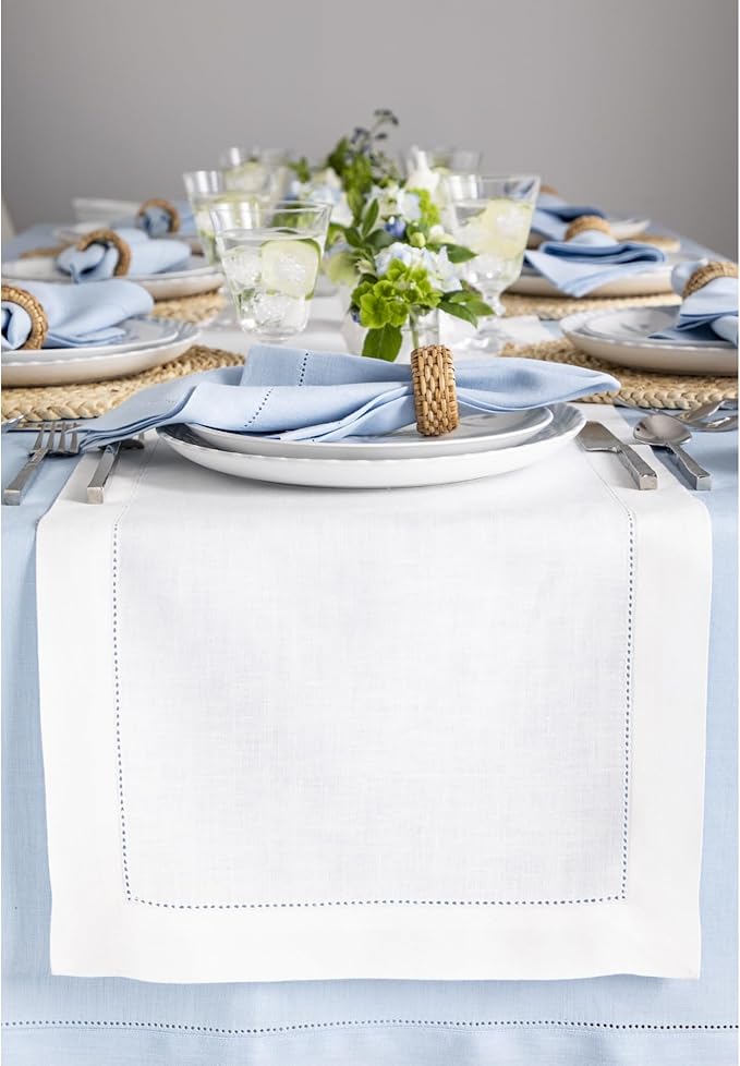 Solino Home Linen White Table Runner 60 Inches - Classic Hemstitch, 100% Pure Linen Coffee Table Runner 14 x 60 Inch Ideal for Dresser Tables - Christmas, Holiday, New Year