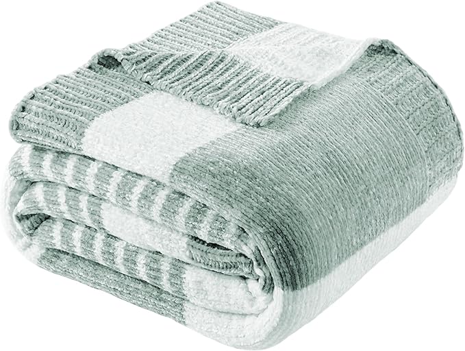 BATTILO HOME Sage Green Throw Blanket for Couch, Farmhouse Chenille Knitted Blanket for Home Decor, Light Green Striped Spring Summer Throw Blanket, 51"x67"