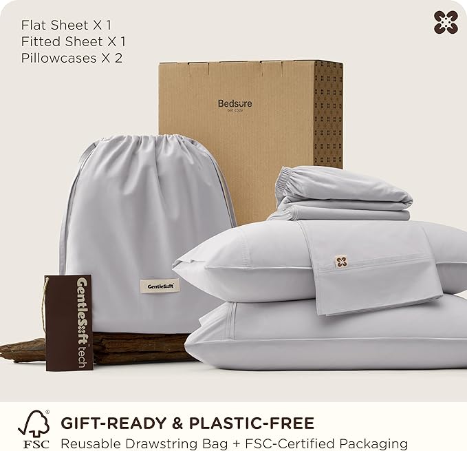 Bedsure Cooling Sheets, Rayon Derived from Bamboo & Cotton Blend, GentleSoft, Breathable, Queen Sheet Set, Deep Pocket Up to 18 Inches, Hotel Luxury Bedding for Hot Sleepers, Grey